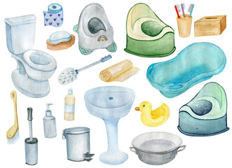 Bathroom plumbing set, watercolor illustration