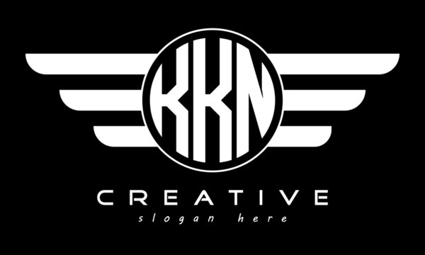 KKN three letter monogram type circle letter logo with wings vector template.
