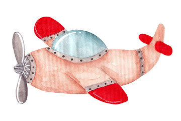 Bright watercolor kids illustration, airplane. Cute plane isolated on white background. Element for children's products.