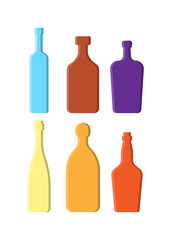 Set drinks. Alcoholic bottle. Vodka rum liquor champagne tequila  whiskey. Simple shape isolated with shadow and light. Colored illustration on white background. Flat design style