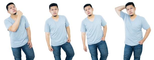 Fototapeta premium Grey top dry on asian model for v-neck tshirt blank mockup template in your clothing design.