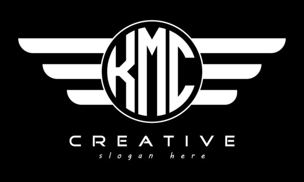 KMC three letter monogram type circle letter logo with wings vector template.
