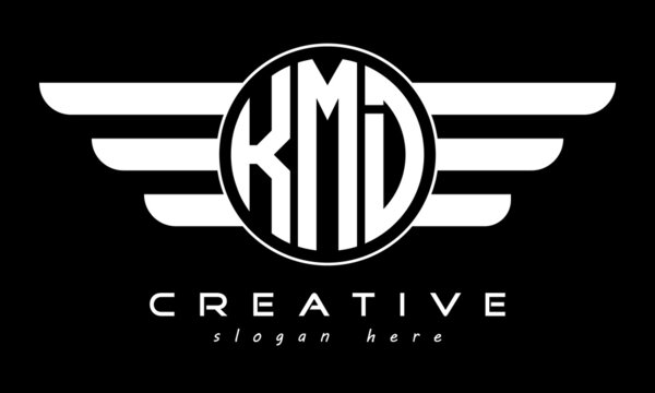 KMD three letter monogram type circle letter logo with wings vector template.
