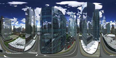 Fototapeta na wymiar Panorama of the city. HDRI, environment map , Round panorama, spherical panorama, equidistant projection, panorama 360, cityscape, 3d rendering