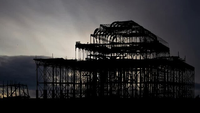 Brighton's West Pier at Sunsrise, Time Lapse with Fast Clouds and Dark Silhouette of Westpier Ruins, England