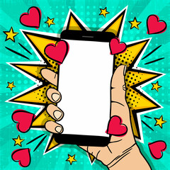 Comic love banner with mobile phone in hand on explosion background. Bubbles, smartphone and hearts in pop art style. Vector Template for Valentine's Day, design, banners, cards, coupons and posters.