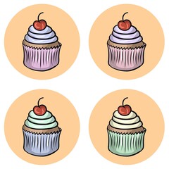A set of Cupcakes with a large cream cap and a cherry in colorful cups. Vector illustration