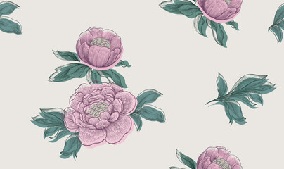 Floral print. Pink roses and peonies. Vintage seamless pattern. Botanical print. - 482889433