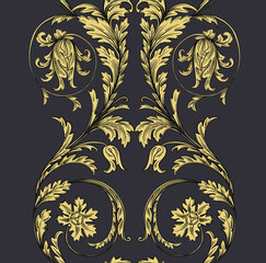 Gold ornament with flowers. Print with baroque swirls. Vintage vector pattern on a black background. - obrazy, fototapety, plakaty