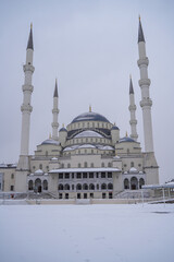 Fototapeta na wymiar Great Mosque and Minarets in Snowy Weather Vertical Angle