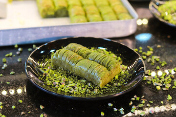 Traditional Turkish Dessert Sarma Baklava Pistachio. Turkish Pistachio Wrap Baklava Dessert.