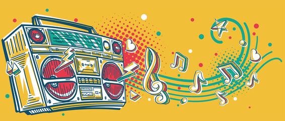 Music design - funky colorful drawn boom box tape recorder with clef and musical notes
