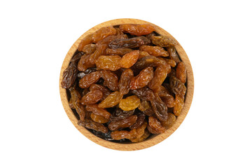 royal raisins in wooden bowl isolated on white background.Spice and food ingredients.