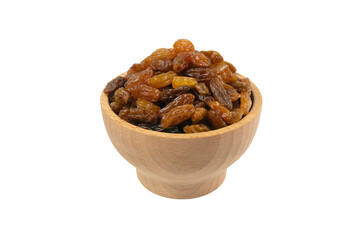 royal raisins in wooden bowl isolated on white background.Spice and food ingredients.