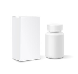 Blank medicine bottle 3d. White plastic can of drugs with package box vector