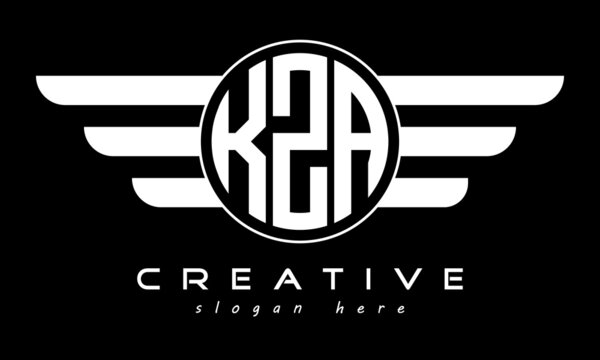 KZA three letter monogram type circle letter logo with wings vector template.
