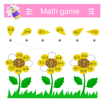 Math game. Each petal must find its place. Kids activity sheet. Vector illustration