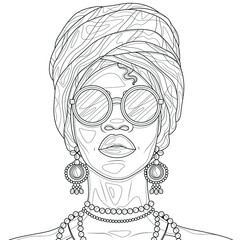Black girl in a turban and flowers.Coloring book antistress for children and adults. Illustration isolated on white background.Zen-tangle style. Hand draw