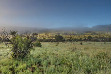 A wet Landscape view of mountains, brown and green savanna grassland covered in water drops and...