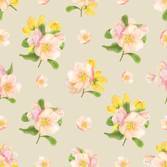 Spring Yellow Rose Forest Flowers - seamless pattern on pale yellow background. Bouquets of Forest flowers. Vintage.