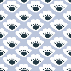 Abstract Scandinavian seamless geometric floral pattern. Simple Nordic ogee background. Print block for fabric, interior textile. Retro Blue folk flowers minimal design.