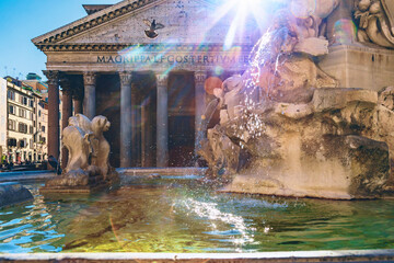 Pantheon and fountain in Rome at sunrise, Italy

