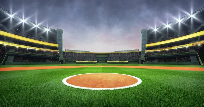 Grand baseball stadium playground and pitcher’s circle. Sport building as loopable 4K video background.