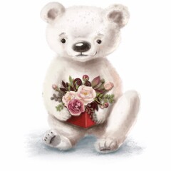 A cute white bear sits with a bouquet of flowers in a box.  Watercolor illustration for postcard, banner, book isolated on white background. 