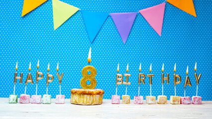 Congratulations on your birthday from the letters of candles number 8 on a blue background with...