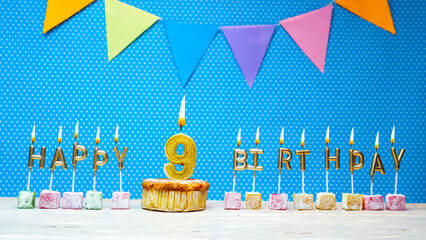 Congratulations on your birthday from the letters of candles number 9 on a blue background with...