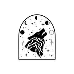 Hand Drawn Celestial Illustration with Howling Wolf and Moon Phases. Abstract Mystic Sign. Magic Design Illustration.