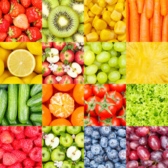 Collection of fruits and vegetables fruit collage background with berries apples and carrots square