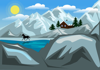 house in the snowy mountains during the day with a horse