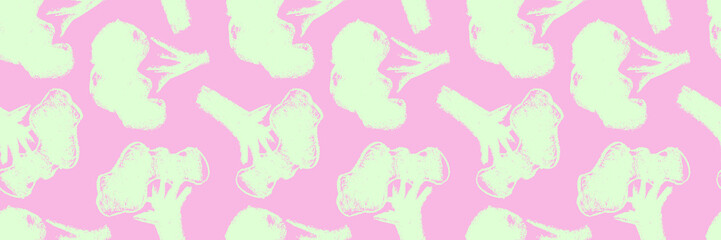 Vector broccoli pattern seamless. Green cabbage flowering illustrations. Vegan restaurant background, vegetarian wallpaper. Organic food ornament. Textured vegetable backdrop for farmers market design