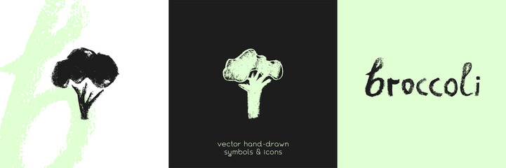 Vector broccoli icon. Pencil hand-drawn texture. Green cabbage flowering illustration isolated. Vegan restaurant logo, vegetarian symbol. Organic food sign. Vegetable badge for farmers market design.