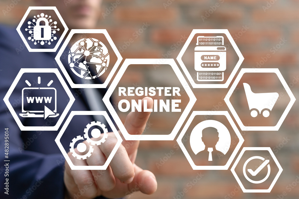 Aufkleber concept of online registration. register online web technology. businessman using virtual touchscree