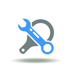 Vector illustration of wrench with magnifying glass. Icon of repair control. Symbol of search and fix. Maintenance service sign.