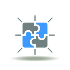 Vector illustration of puzzle pieces combined success. Icon of mediation. Symbol of facilitation. Brainstorming sign. Solution, connection, combination pictogram.