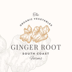 Ginger Abstract Vector Sign, Symbol, Logo Template. Hand Drawn Root Sketch Sillhouette with Typography. Premium Plant Based Vegan Food Emblem. Isolated