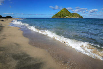 Levera Beach on Grenada Island with a view of Sugar Loaf Island, Grenada.
