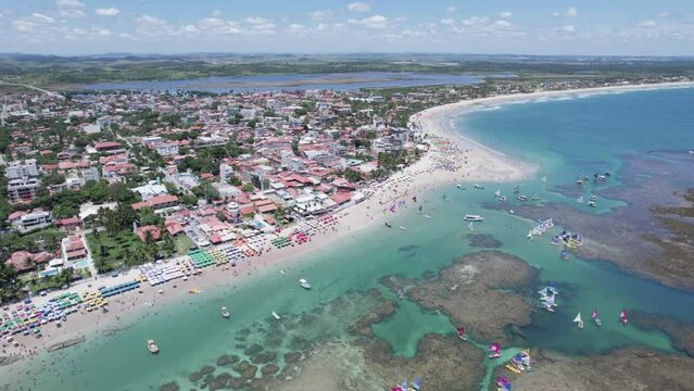 Aerial view of Porto de Galinhas beaches, Pernambuco, Brazil. Natural pools. Fantastic vacation travel. Great beach scene. 4K.