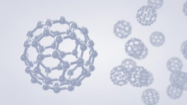 Animation of carbon buckyball molecules. Fullerene nanoparticles structure.