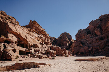 Facades in the rock in the ancient city of Petra. Bedouin on a camel. Hashemite Kingdom of Jordan. Jordan. Petra