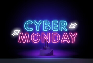 Cyber Monday neon. Glowing lettering. Cyber monday with blue light effect on dark background for advertising poster or business promotion