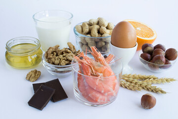 Close-up on food allergens on the white  background. Copy space. Food allergy concept.