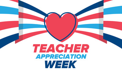 Obraz premium Teacher Appreciation Week in United States. Celebrated annual in May. In honour of teachers who hard work and teach our children. School and education. Student learning concept. Vector illustration