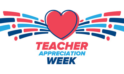 Obraz premium Teacher Appreciation Week in United States. Celebrated annual in May. In honour of teachers who hard work and teach our children. School and education. Student learning concept. Vector illustration