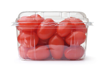 Ripe plum tomatoes in clear plastic container