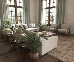 Modern interior japandi design living room. Lighting and sunny apartment with large windows and view nature. Hampton style 3d render illustration. - obrazy, fototapety, plakaty