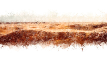 Watercolor drawing Lonely sand dunes in a strong wind under the sky against the background of arid desert